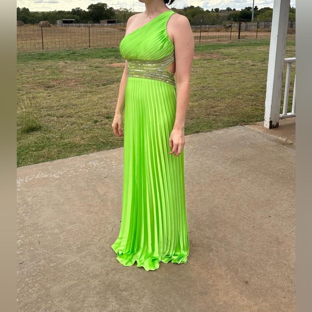 Betsy & Adam Lime Green One-Shoulder Gown
